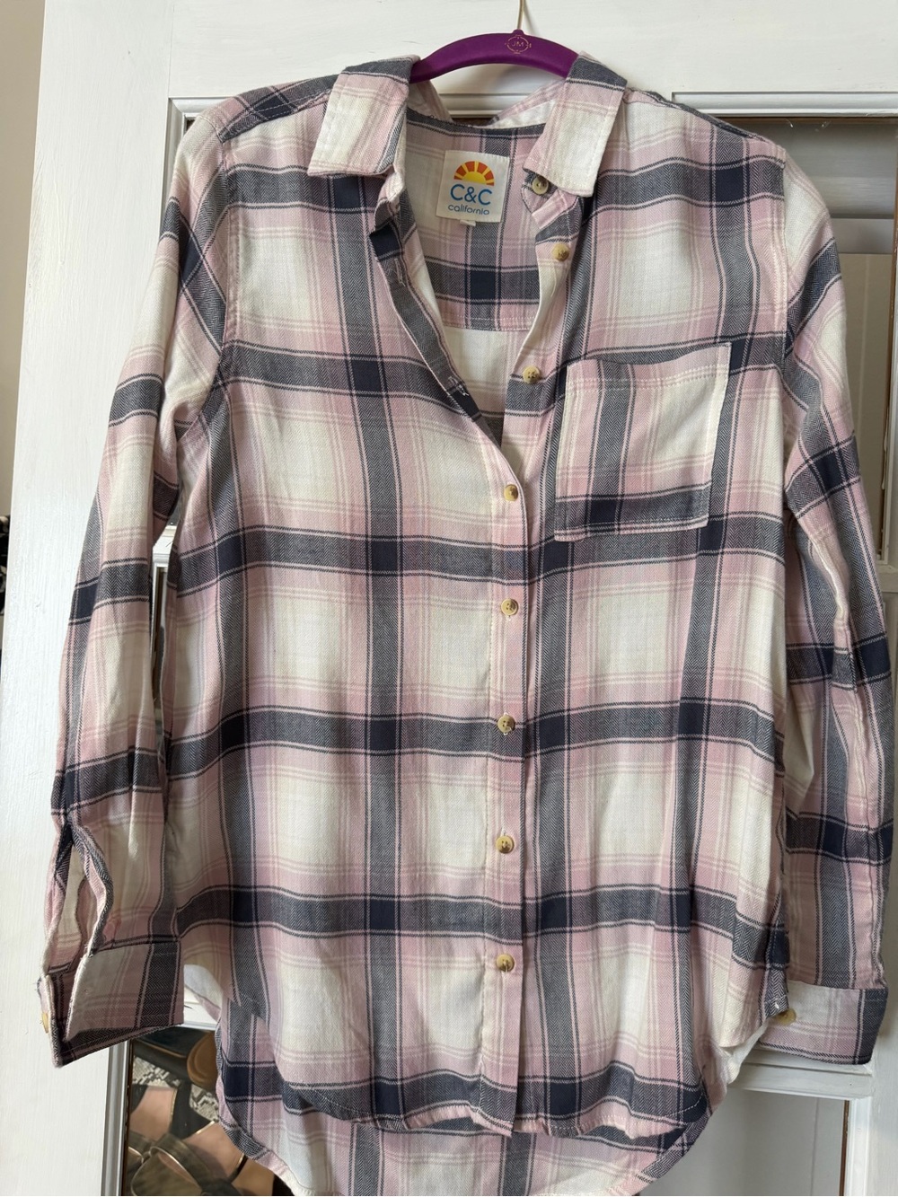 C&C California Pink and Gray Plaid Button-Down Shirt